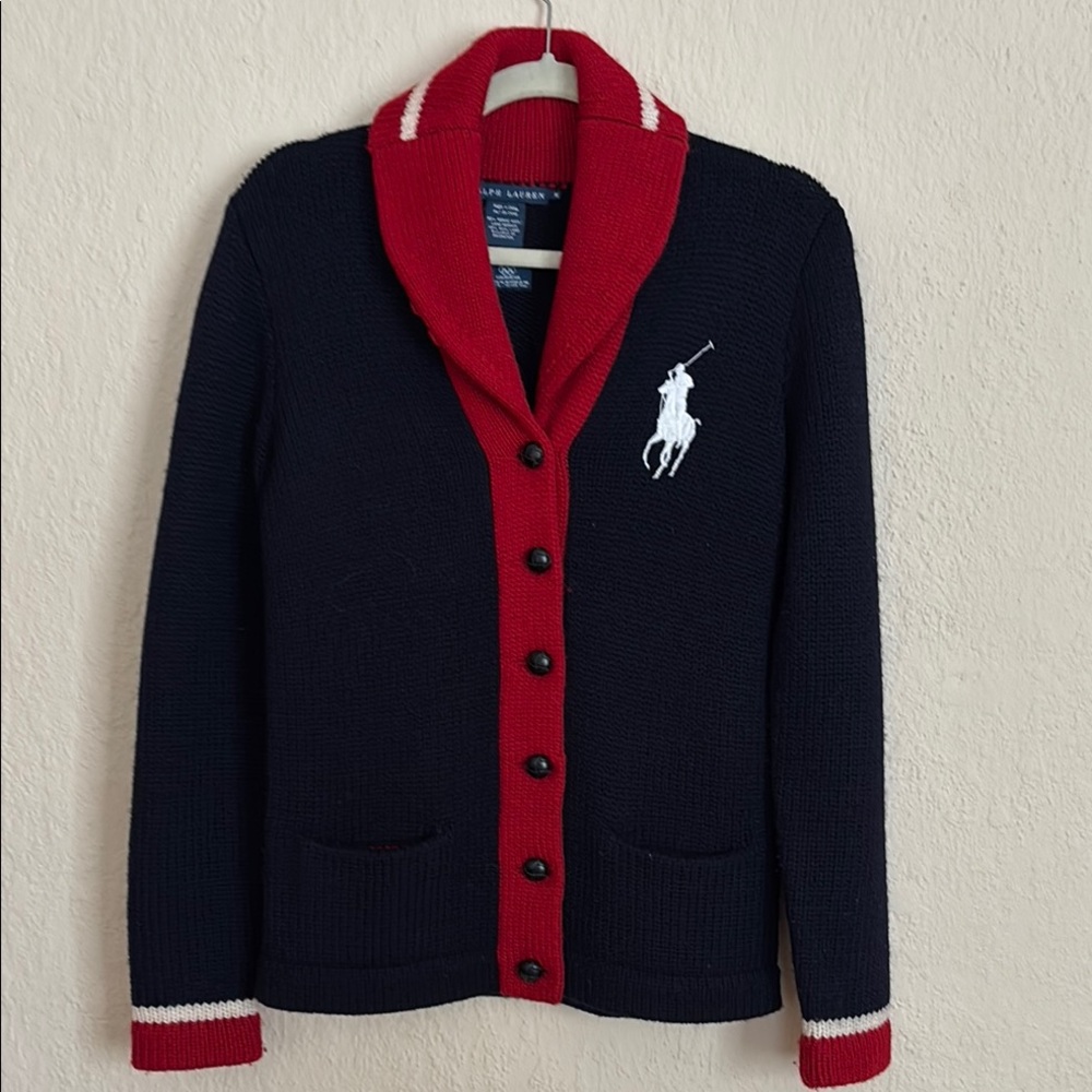 Ralph Lauren Vintage Navy and Red Cardigan with V-Neck Design for